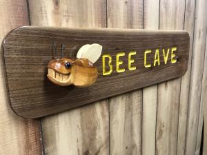 Click to enlarge image  - HANDCRAFTED WOOD SIGN - 3-D BEE CAVE SIGN